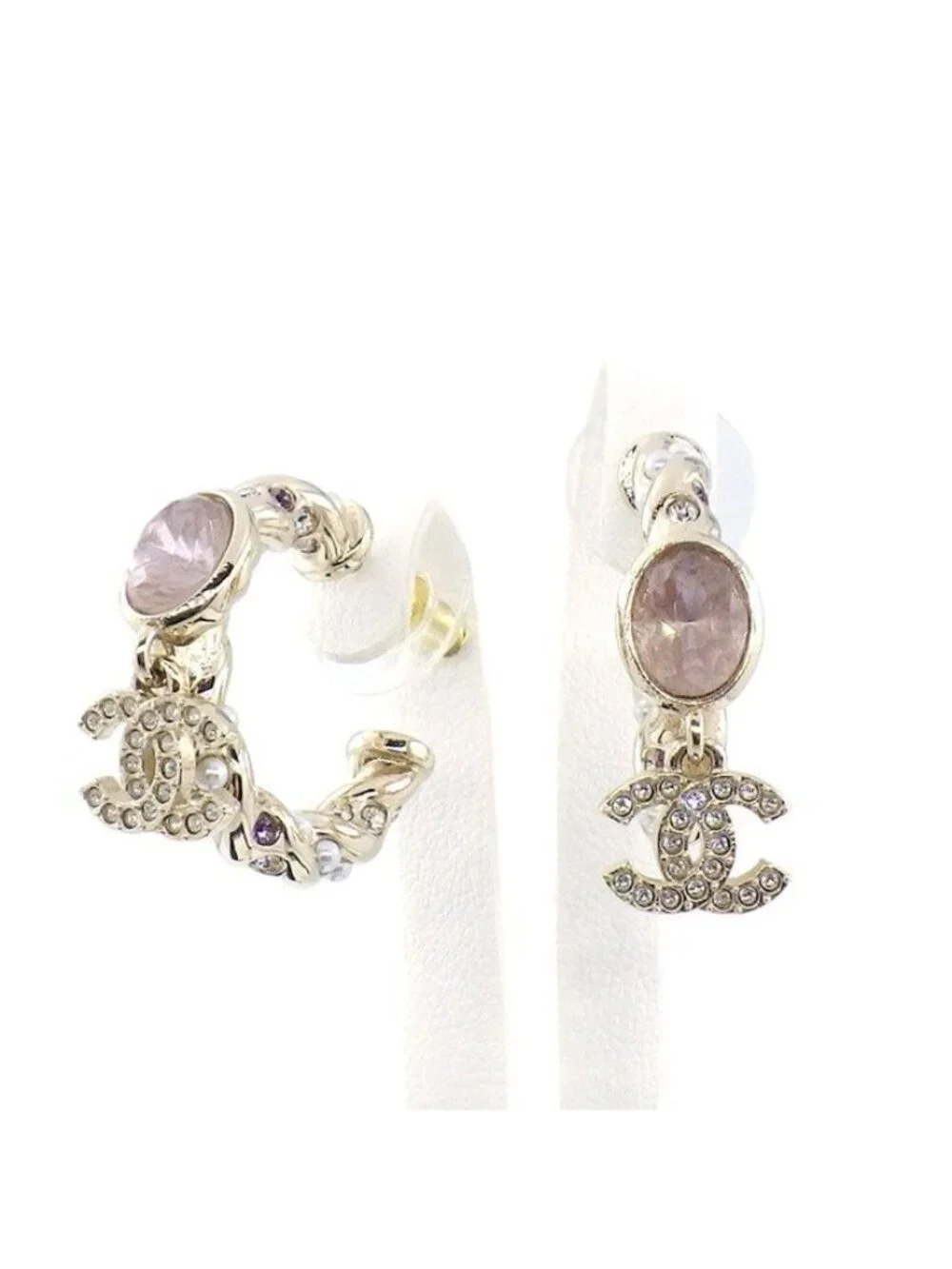 Chanel Earrings CC Logo Hoop Rhinestone Faux Pearl